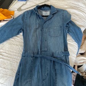 Denim jumpsuit, EU size 38, UK 10, US 4-6, tie waist, straight leg